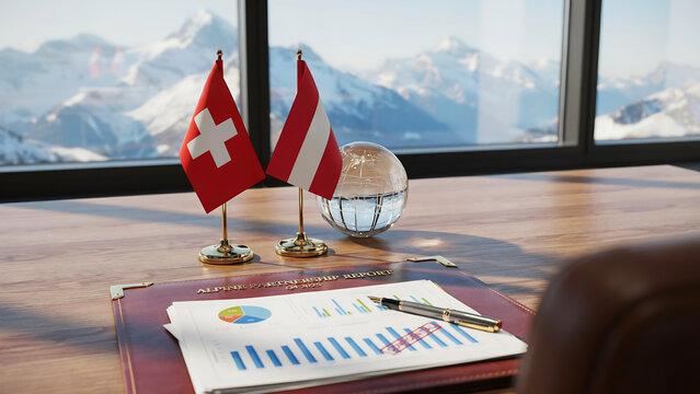 Office desk with swiss and austrian flags, financial documents, and globe, mountain view swiss flag