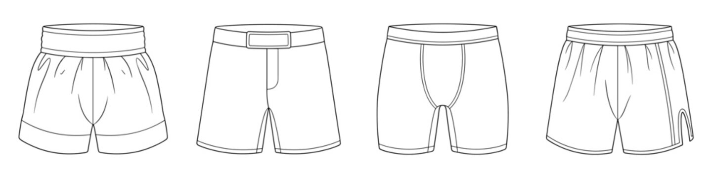 men's mma and combat shorts technical drawing vector illustration. CAD mockup.