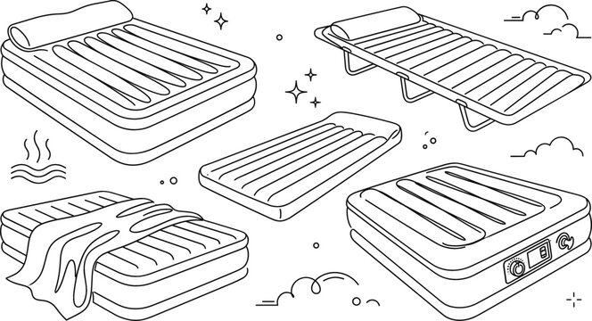 Inflatable air mattress and camping cot line art vector pack with blow up beds sleeping pads and travel gear outlines