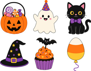 Fototapeta premium Cute Halloween elements including a candy bucket ghost cat hat cupcake and balloon for festive design