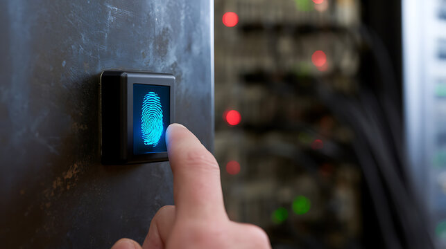 Secure biometric access system with human finger scan bright blue fingerprint to enhance security in a data center or server room. Focus on technology