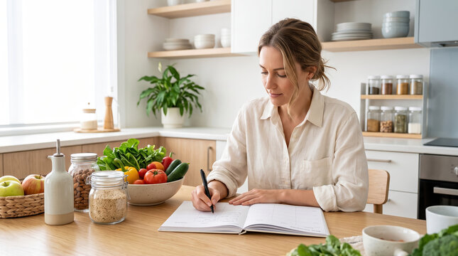 Woman creating a healthy weekly meal plan with fresh ingredients on a kitchen table