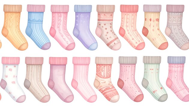 Collection of colorful childrens socks displayed flat.