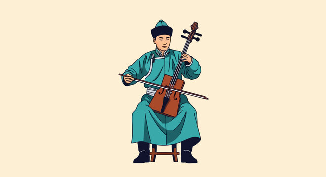 Mongolian man playing traditional string instrument morin khuur.