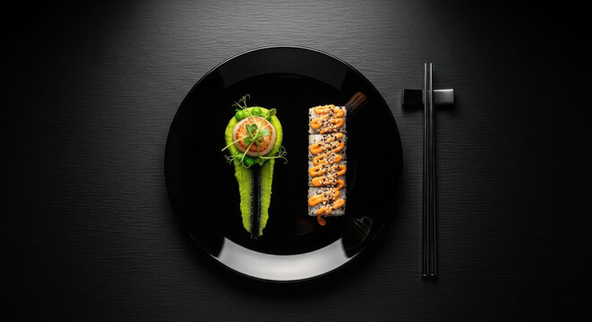 A black plate with a single piece of sushi and a celery stalk garnished with a cherry tomato and parsley on a dark background.