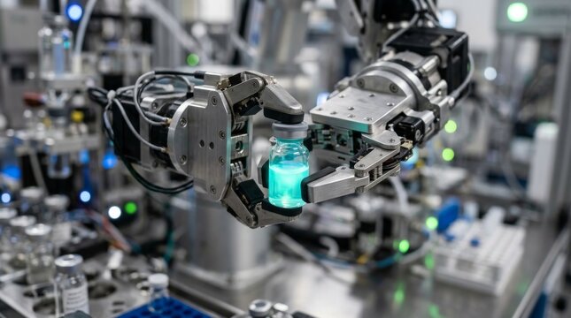 Robotic Arm Holding Glowing Vial