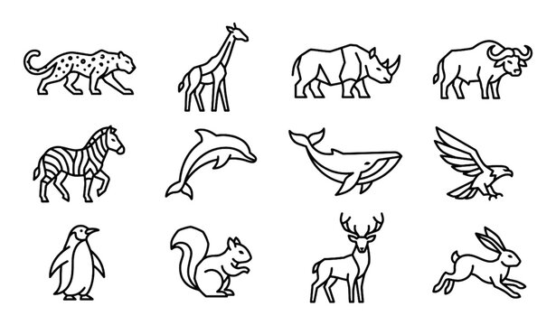 Minimalist Geometric Animal Monoline Vector Set with Black Abstract Wildlife Outline Logo Collection