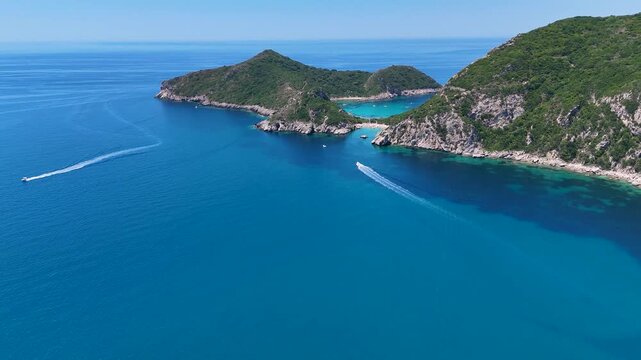 Aerial view of Porto Timoni double beach in Corfu, Greece