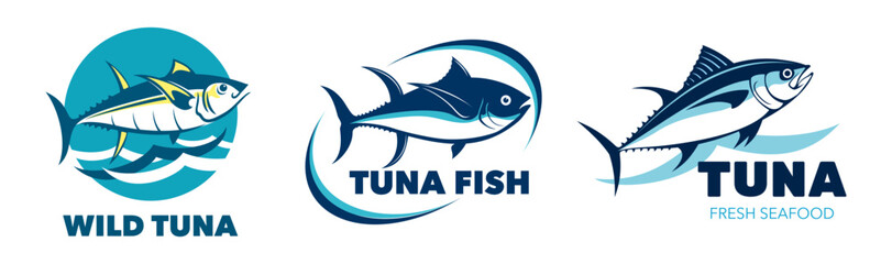 Fototapeta premium Tuna fish icons for seafood package badges with yellowfin or bluefin tuna jumping on water waves. Tuna icons for fishery market or seafood store and sea food product package, sushi bar cuisine