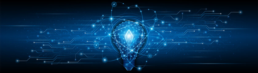 Fototapeta premium An innovative and creative light bulb concept incorporating advanced smart digital technology. A futuristic light bulb with integrated circuits and data connectivity for business applications.