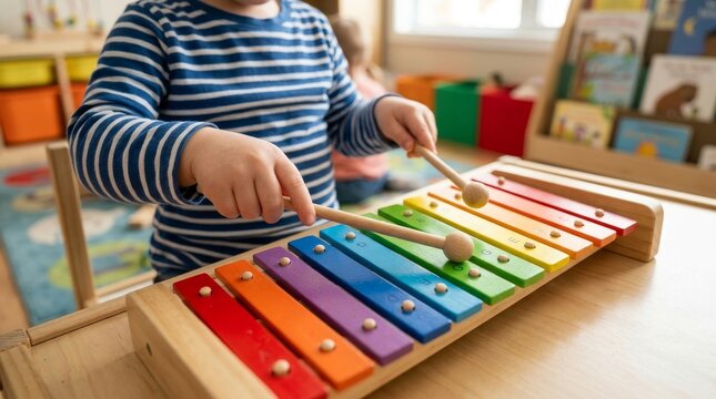 Child Playing Colorful Wooden Xylophone, Preschool Education Scene