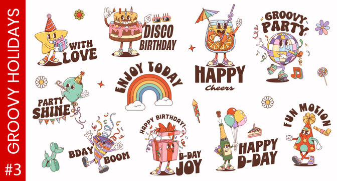 Y2K groovy funky holiday and celebration characters stickers, cartoon vector labels. Y2K stickers with groovy birthday cake and party disco ball, rainbow and funky gift with trippy champagne bottle