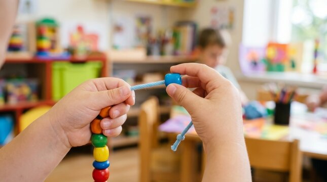 Child Stringing Beads in Preschool Education Scene