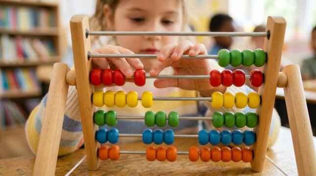 Girl Learning Math with Abacus