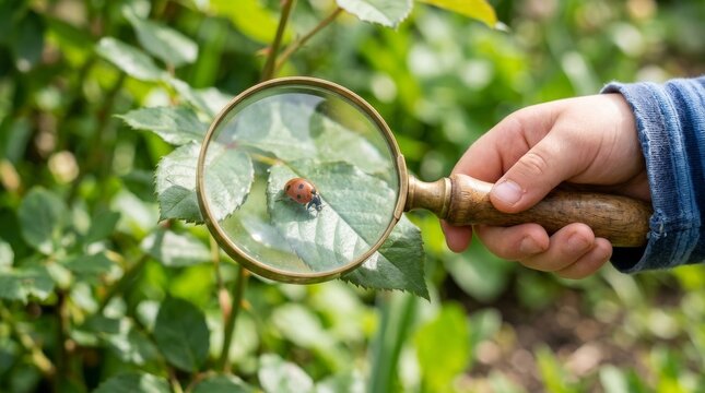 Child Observing Ladybug with Magnifying Glass, Nature Education