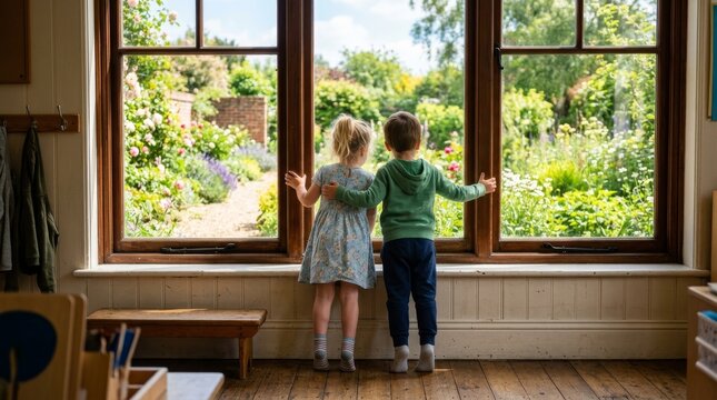 Preschool Children Looking at Garden from Classroom Window