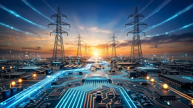 Futuristic smart grid concept with high voltage transmission towers on a glowing circuit board at sunset