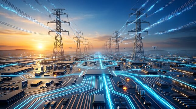 High voltage power lines and transmission towers integrated into a glowing computer circuit board representing a smart energy grid