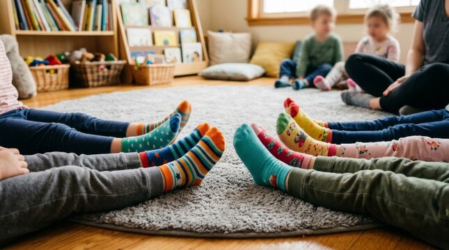 Children's Creative Classroom, Colorful Socks Sitting in a Circle