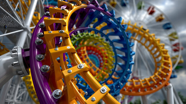 A vibrant, spiraling roller coaster track twists dynamically against a blurred amusement park background, symbolizing thrill and excitement.