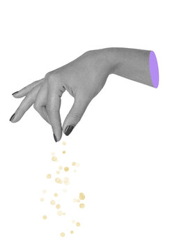 Hand Sprinkling Magical Dust, Whimsical Witchcraft Spell in Mixed Media Collage Style