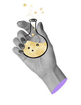 Hand Holding Magic Potion Bottle, Whimsical Witchcraft Elixir in Mixed Media Collage Style