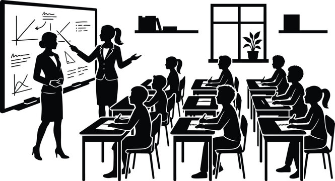 Black silhouette classroom scene with teacher and students in modern school setting on white background