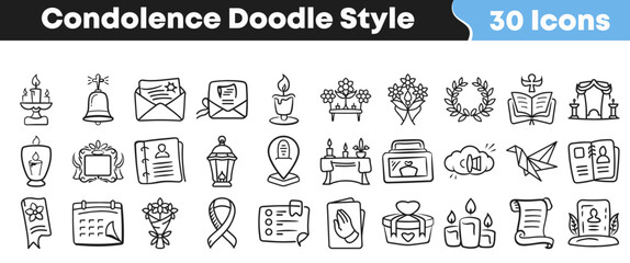 Fototapeta premium Set of hand drawn condolence doodle icons for funeral services