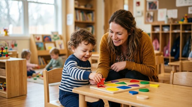 Teacher teaching child shape matching game