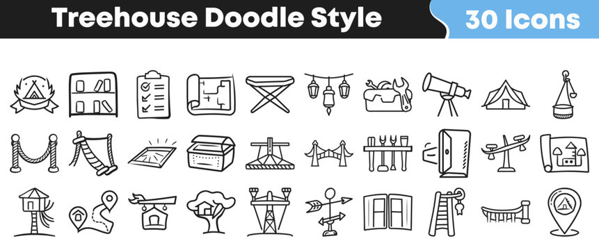 Set of thirty hand drawn treehouse doodle style vector icons
