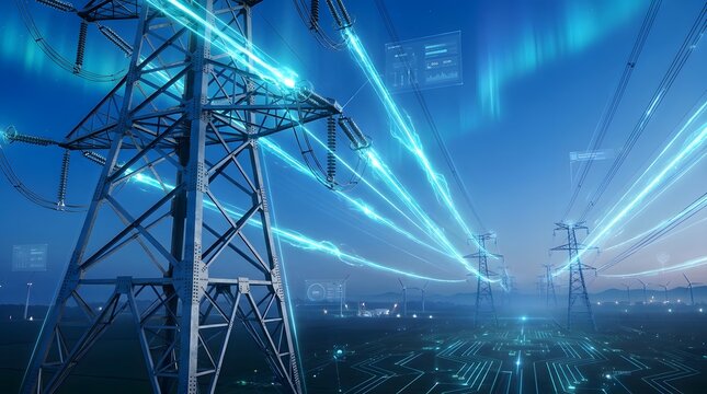 High voltage power lines transmitting glowing digital energy surges over a field with cybernetic circuit board patterns and holographic data screens