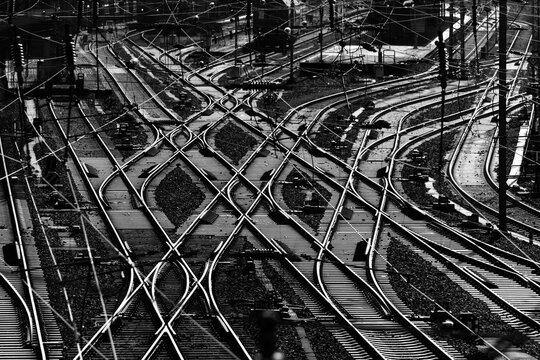 Railway tracks at Hagen Main Station. Black and white.