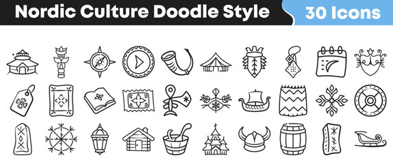 Set of thirty hand drawn nordic culture icons doodle style © Vectoravec