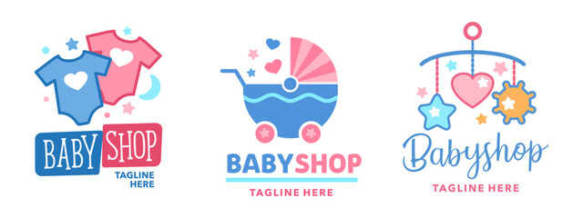 Fototapeta premium Baby shop icons of kids clothes store for children care with cradle cot and toys. Baby shop symbols with stroller for newborn toddler, girl pink hearts or boy blue clothes for mother and child brand