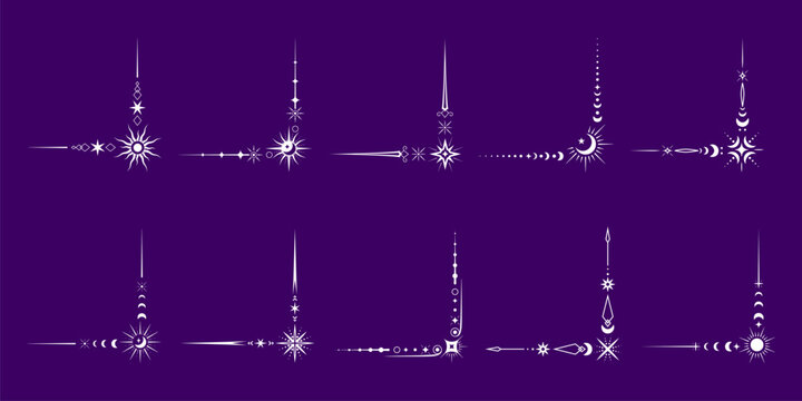 Celestial corner borders set with decorative elements featuring stars, moon, sun and arrows. Ornament frame corners for invitation cards, posters, mystical theme and decoration