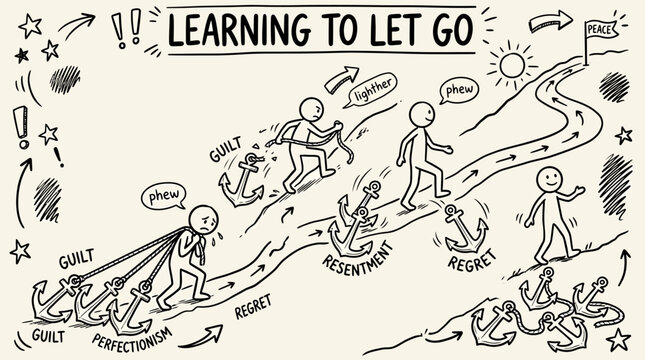 A hand drawn illustration of people learning to let go on a winding road.