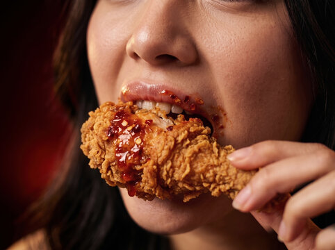 Close Up of Young Woman Biting Crispy Fried Chicken with Spicy Sauce, Fast Food Advertising Concept, Copy Space