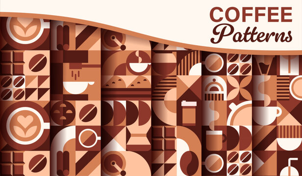 Steaming coffee and hot chocolate seamless geometric Bauhaus patterns set. Takeaway coffee drinks Bauhaus seamless pattern with latte art, takeout hot beverage paper cup, ceramic mug and chocolate bar