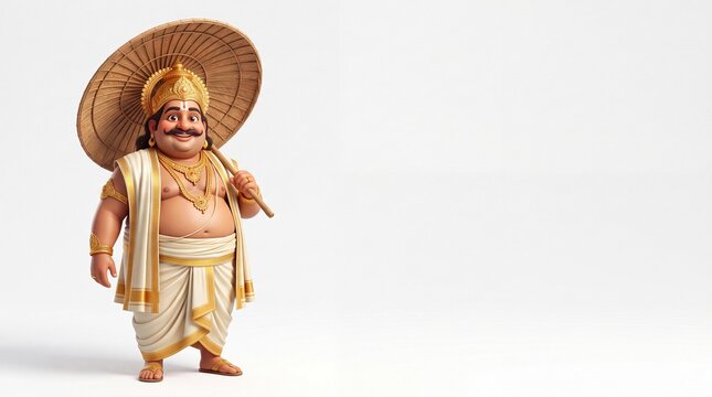 3D illustration of King Mahabali, the mythical Kerala ruler, wearing royal attire and holding a palm leaf umbrella, isolated on a white background with copy space for Onam festival designs.