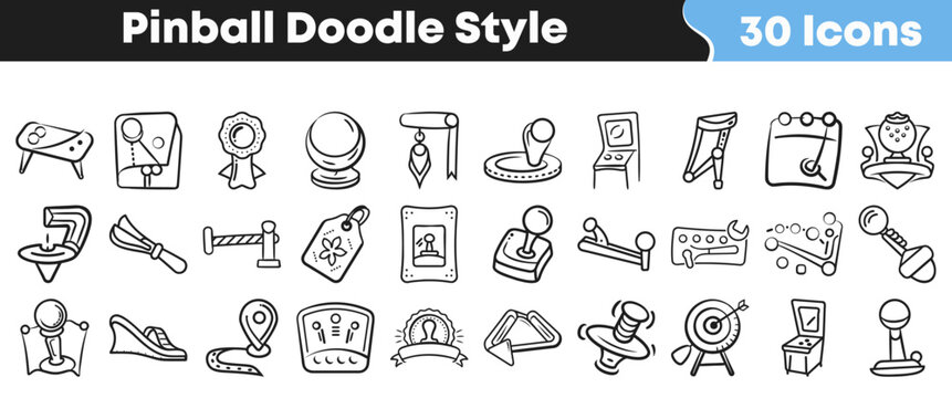 Collection of thirty hand drawn pinball doodle style vector icons