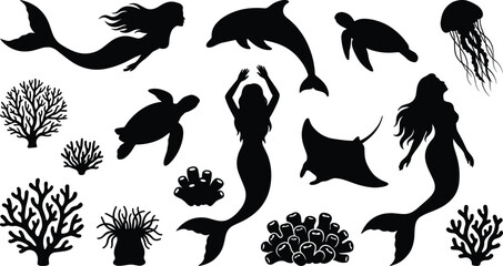Mermaid and Marine Life Black Silhouette Vector Set with Coral Reef Sea Creatures © Mahsina