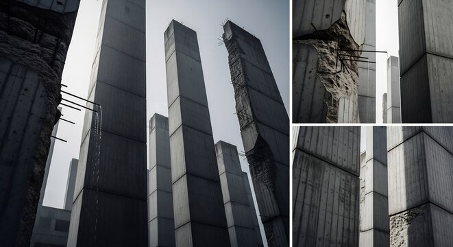 Industrial concrete architectural ruins with exposed steel rebar