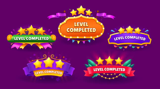 Game interface level complete icons, level up or win UI buttons. Cartoon game complete, winner achievement and victory badges set with gold stars and ribbon banners, festive flags and retro marquee