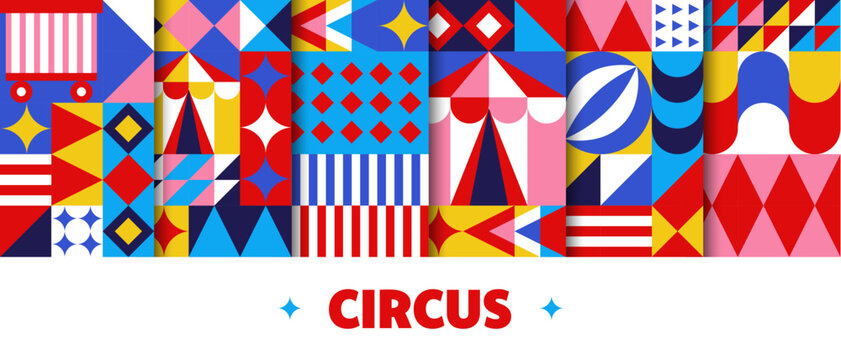 Circus entertainment geometric seamless patterns set featuring abstract circus tents, stripes, and stars. Vibrant pattern bundle with red, blue and yellow shapes for nursery decor or party invitations