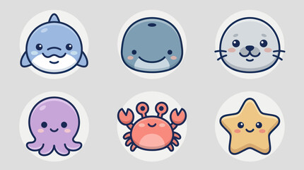 Obraz premium Cute cartoon marine animal icons