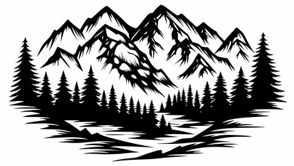 Mountain forest silhouette against a white background a striking monochromatic graphic design alpine aspen backdrop black bold coniferous © Kapil