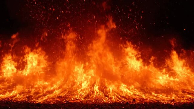 Large Fire Burning at Night Time.
