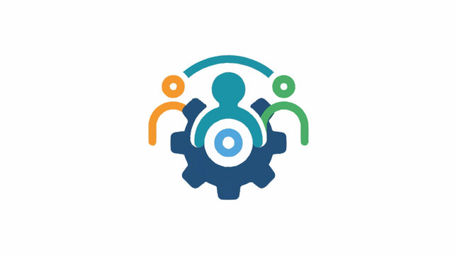 Colorful gear icon with human figures symbolizing teamwork.