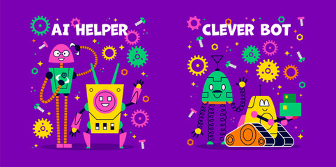 Fototapeta premium Funny kids t shirt prints ai helper and clever bot with funny robots, surrounded by gears, bolts and springs. Stickers for kids apparel, tshirt emblems with fun technology cyborg machine characters