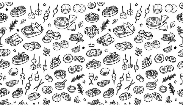 Seamless Hand Drawn Appetizer Doodle Pattern Vector for Restaurant Menus and Food Packaging